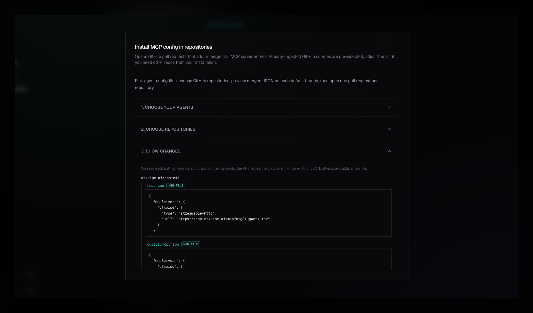 Install MCP configuration via pull requests modal in ctx|